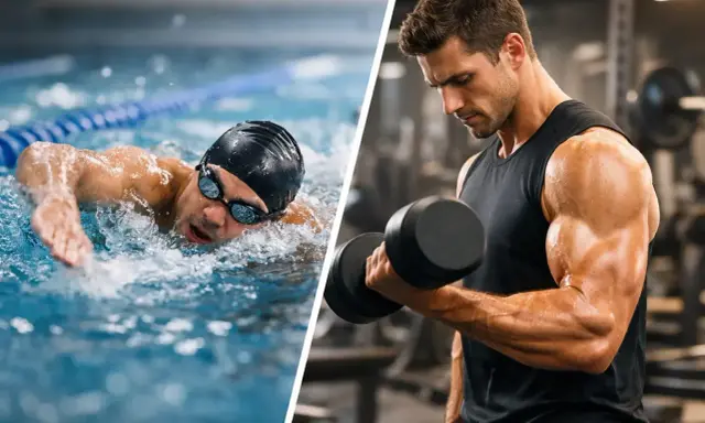 Nuotatore in piscina e uomo che solleva pesi in palestra: allenamento completo per il nuoto.