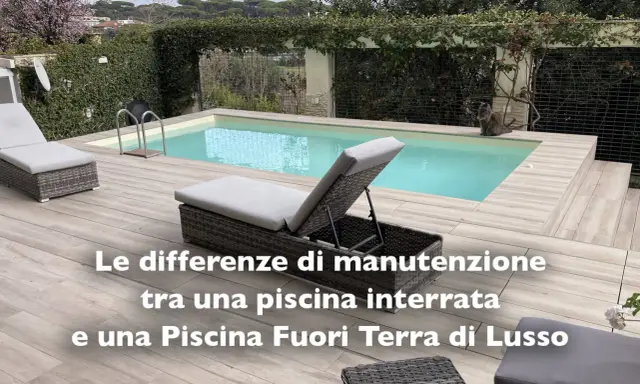 Piscina fuori terra di lusso e lettini prendisole su un deck di legno. Scopri quanto costa mantenere una piscina.