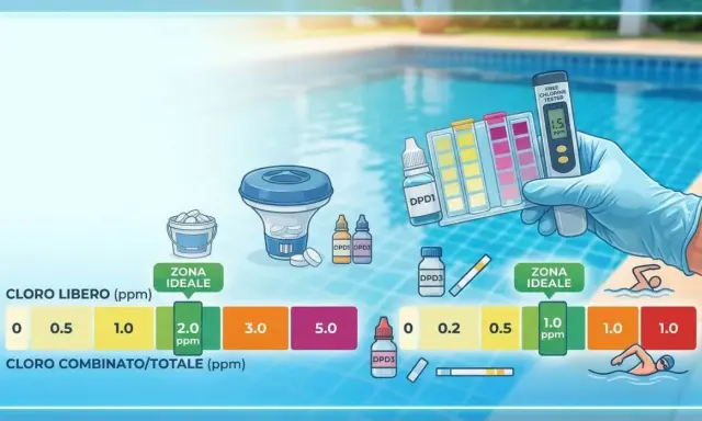 Test del cloro in piscina: la mano guantata mostra un tester digitale con 1.5 ppm, indicando la zona ideale per il cloro libero e combinato.