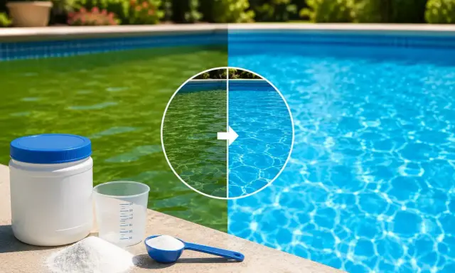 Piscina con acqua verde trasformata in cristallina. Prodotti per il trattamento dell'acqua in primo piano.