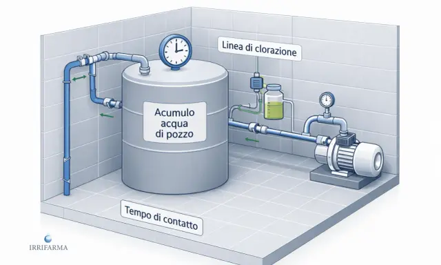 Sistema di clorazione con accumulo acqua di pozzo. Il cloro evapora a temperatura ambiente, garantendo il tempo di contatto necessario.