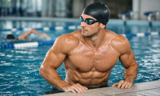 Atleta muscoloso in piscina, con cuffia e occhialini. Il nuoto fa crescere in altezza, scolpendo il corpo e migliorando la postura.