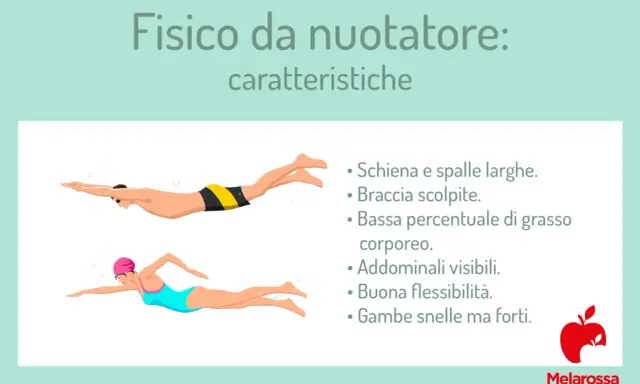 Fisico da nuotatore: schiena e spalle larghe, braccia scolpite, addominali visibili e gambe snelle ma forti. Un corpo tonico dopo un anno di nuoto.
