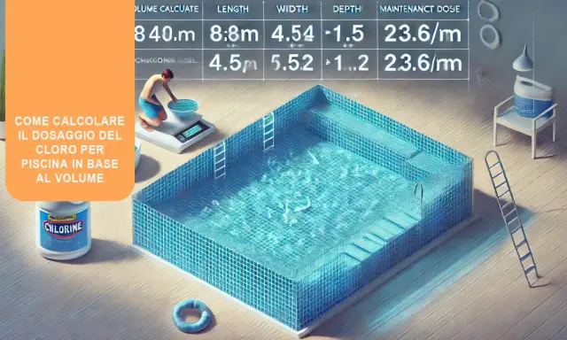 Calcolo cloro totale piscina valori: un uomo pesa cloro granulare per la piscina, con indicazioni su volume, lunghezza, larghezza e dose di mantenimento.