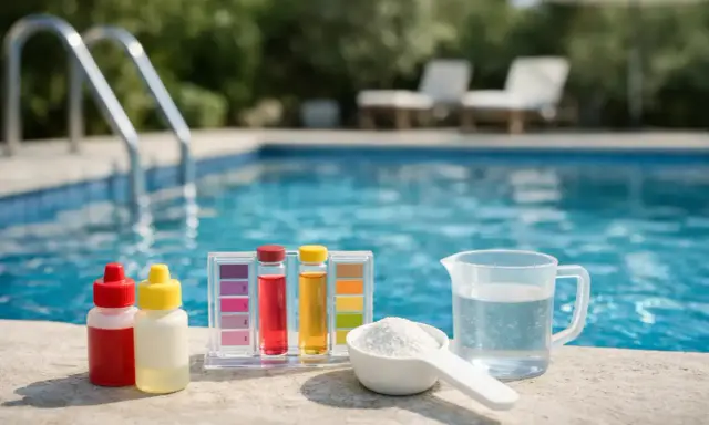 Kit per testare l'acqua della piscina: reagenti, provette colorate e misurino con polvere bianca. L'acqua limpida della piscina suggerisce un controllo per evitare acqua ph alto.