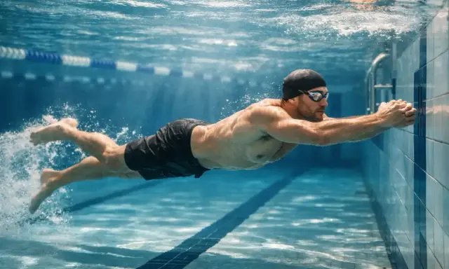 Uomo in posa subacquea, con addominali scolpiti, pronto per il nuoto.
