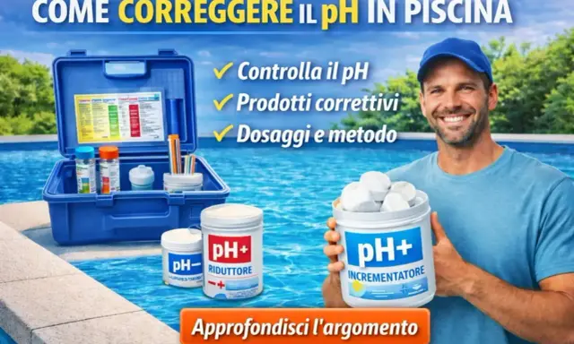 Uomo sorridente con kit per il controllo del pH e prodotti per piscine. Impara come correggere il pH in piscina per un'acqua perfetta.