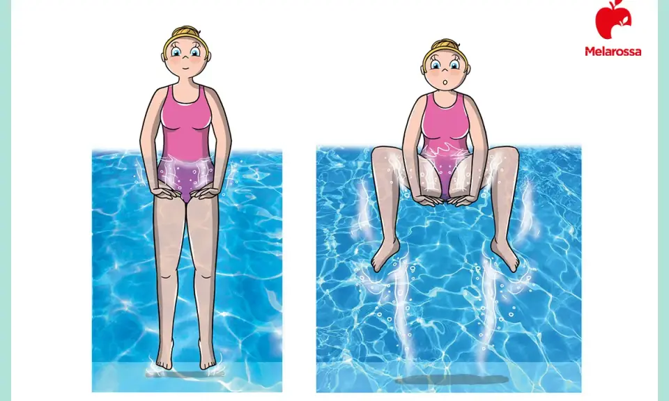 Esercizi in acqua per dimagrire: una donna in costume da bagno esegue un movimento di gambe in piscina, con bollicine che indicano l'azione.