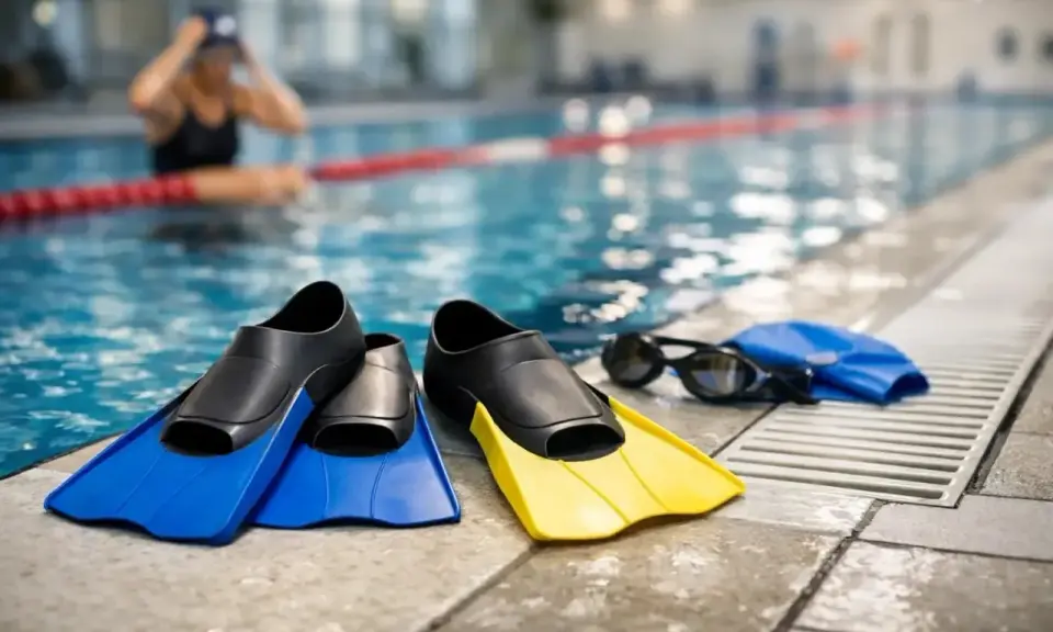 Pinne corte blu e gialle, occhialini e cuffia da piscina pronti per un allenamento.