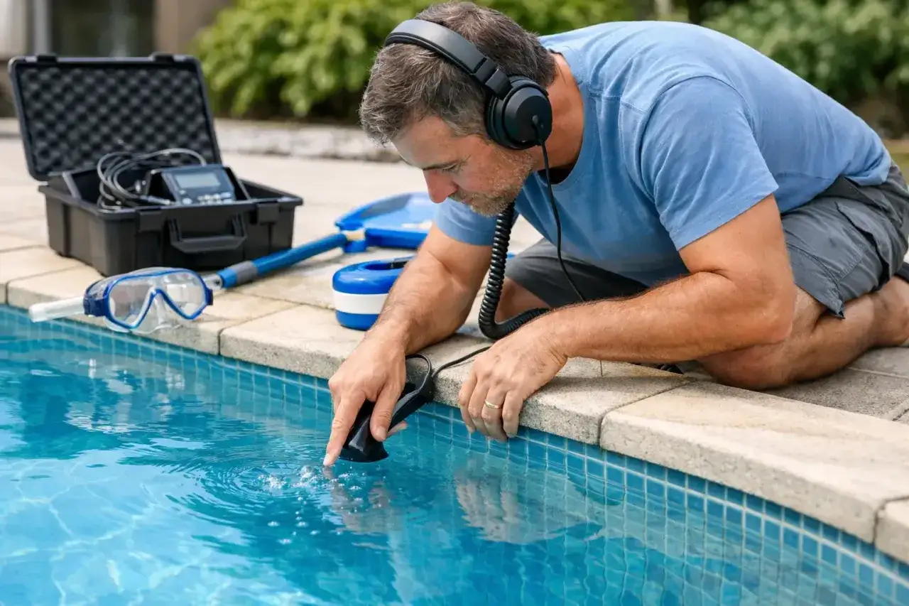 Uomo con cuffie ascolta la piscina bucata per trovare il buco. Attrezzatura per la ricerca perdite.