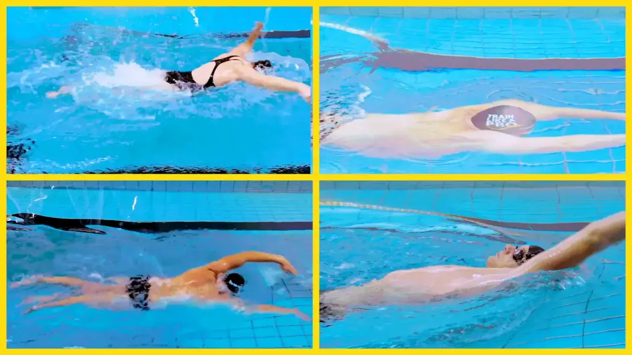 Quattro immagini di nuotatori in piscina. Nuotare fa bene, che sia a stile libero o a dorso, per allenarsi come un professionista.