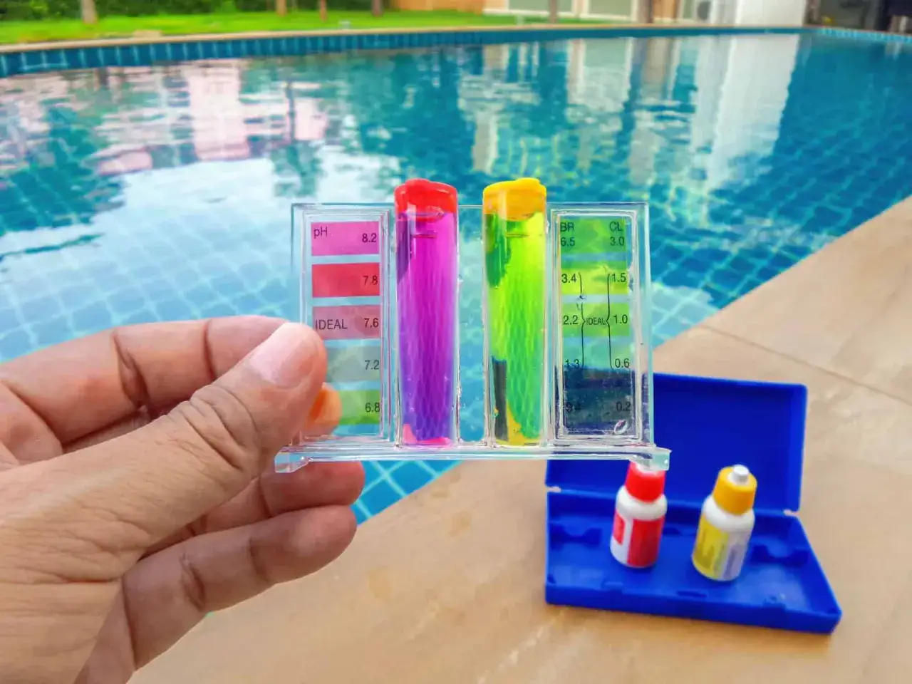 Test kit per piscina mostra pH e cloro. Il bicarbonato è utile per regolare il pH.