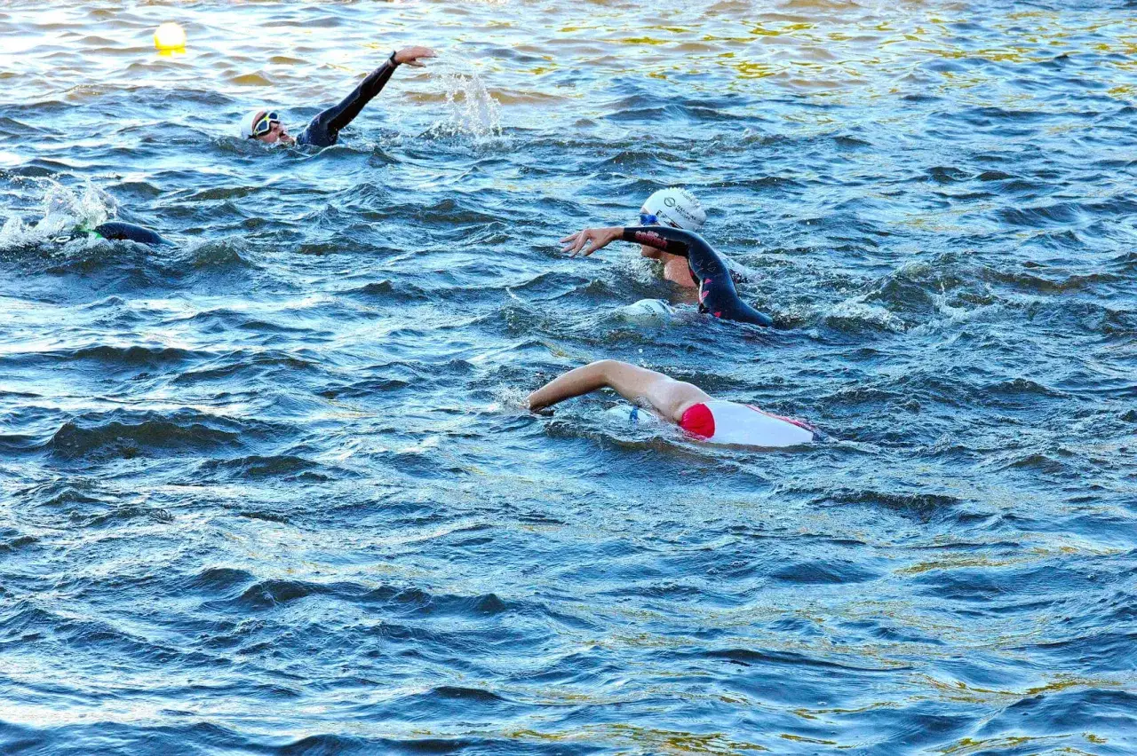 Nuotatori in gara, forse una traversata da Capri a Napoli. L'acqua è mossa, ma la determinazione è chiara.