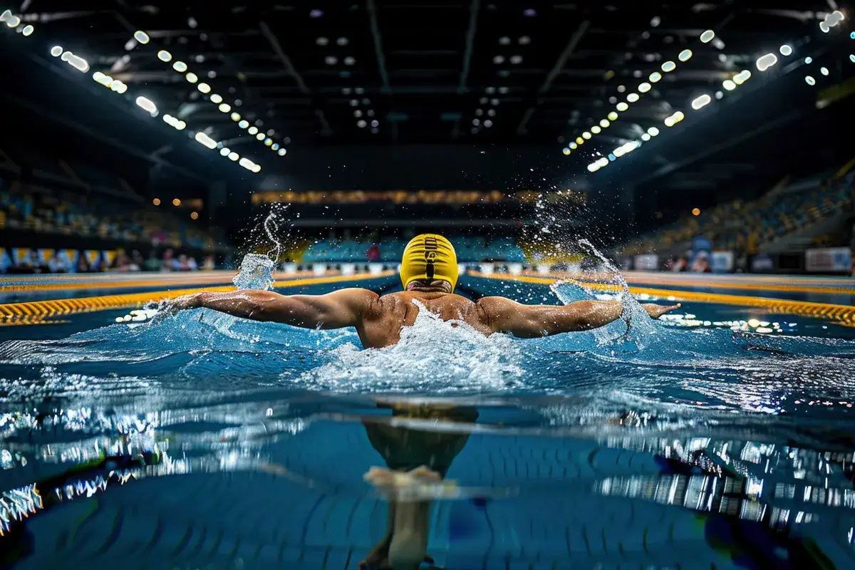 Nuotatore in stile farfalla, immerso nella profondit&agrave; piscina olimpionica, con spruzzi d'acqua e luci soffuse.