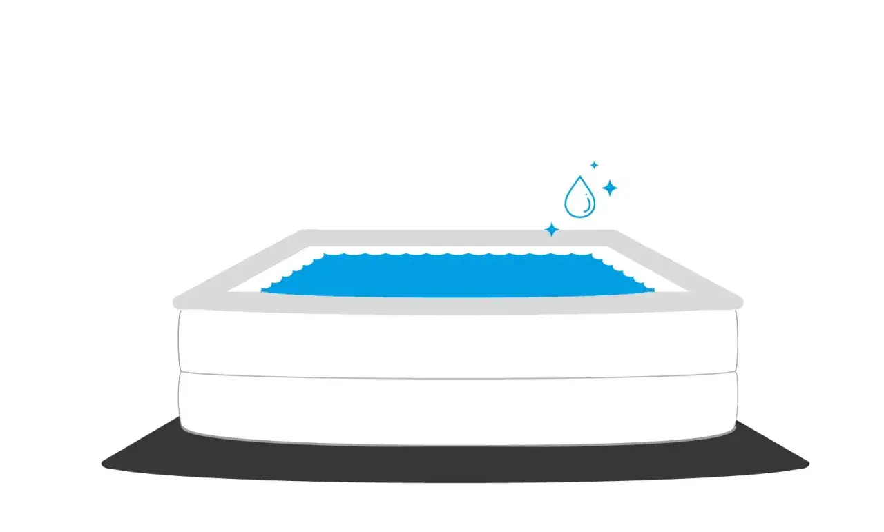 Piscina gonfiabile con acqua azzurra. Icona di una goccia e stelline indicano la pulizia e la frequenza con cui cambiare l'acqua.