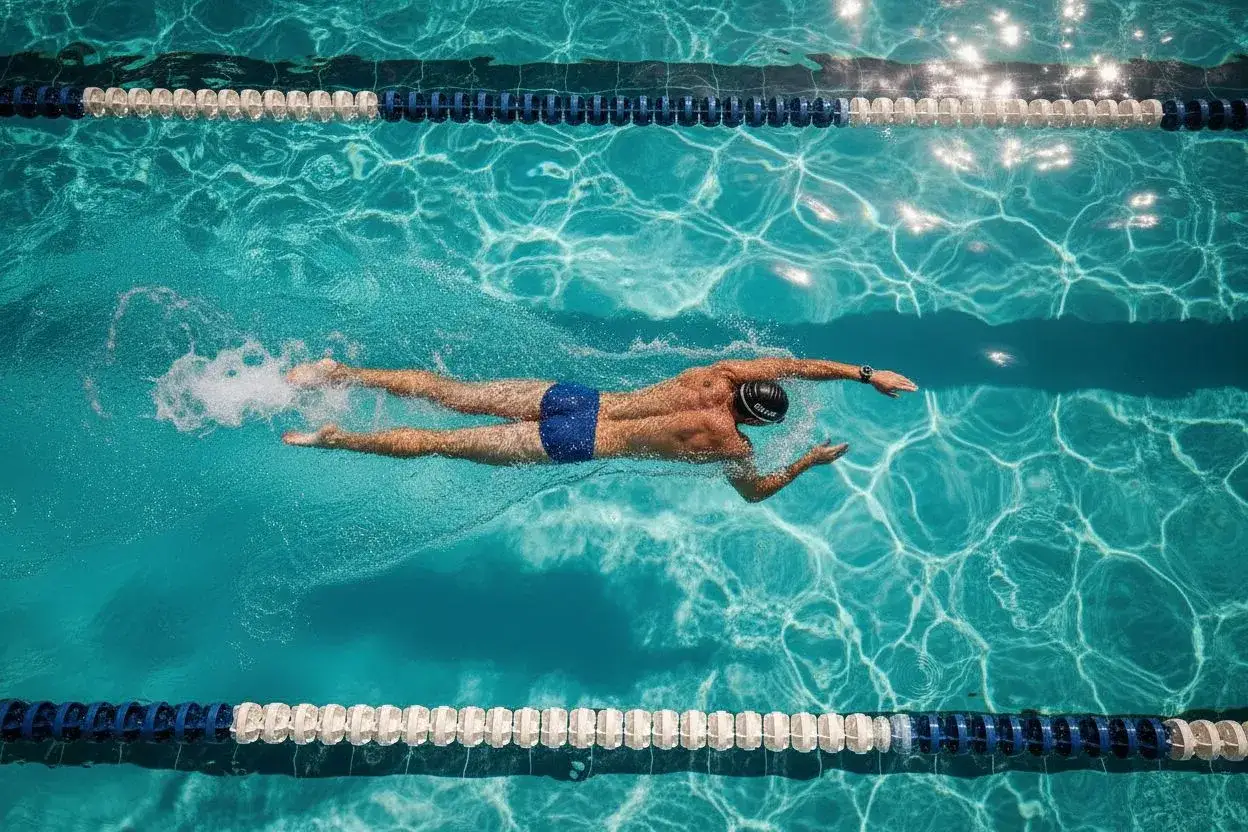 Uomo nuota in piscina, un'ottima dimostrazione di allenamento nuoto principianti. La luce solare crea riflessi sull'acqua cristallina.
