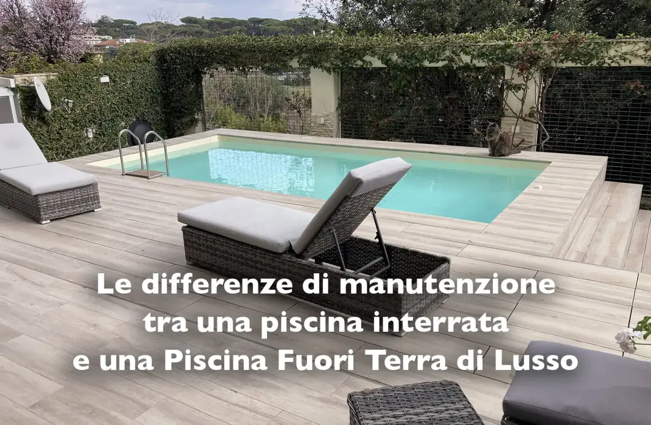 Piscina fuori terra di lusso con lettini e un gatto. Scopri quanto costa mantenere una piscina, confrontando i costi di manutenzione tra piscine interrate e fuori terra.
