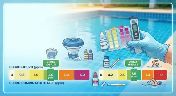 Test del cloro in piscina: la mano guantata mostra un tester digitale con 1.5 ppm, indicando la zona ideale per il cloro libero e combinato.
